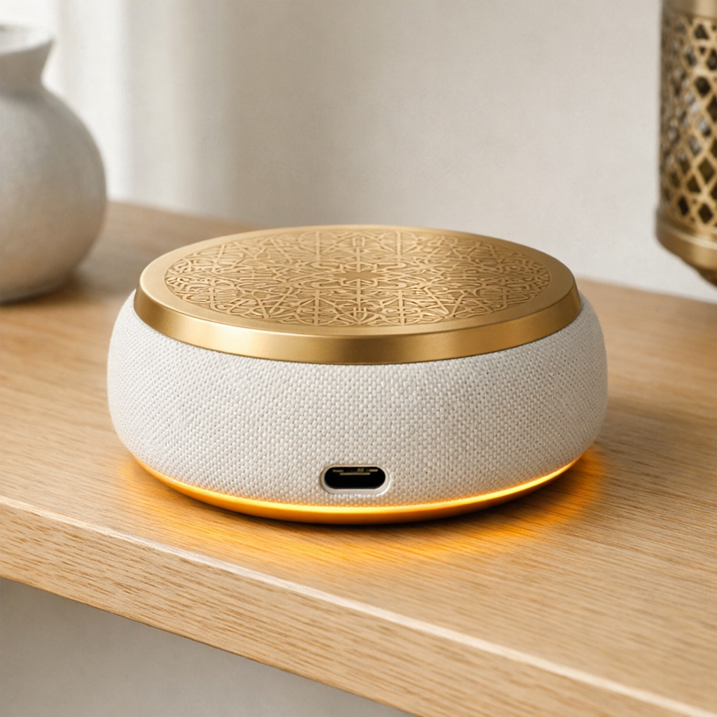 Mini Adhan speaker on a wooden shelf showing woven fabric body, brushed gold arabesque cap, and warm amber LED ring